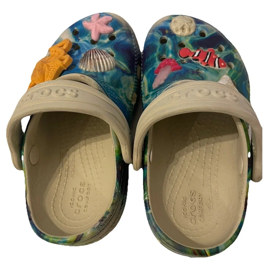 Crocs Kids Under The Sea Classic Clogs C8 Blue Ocean Marble Jibbitz Fish Shell
